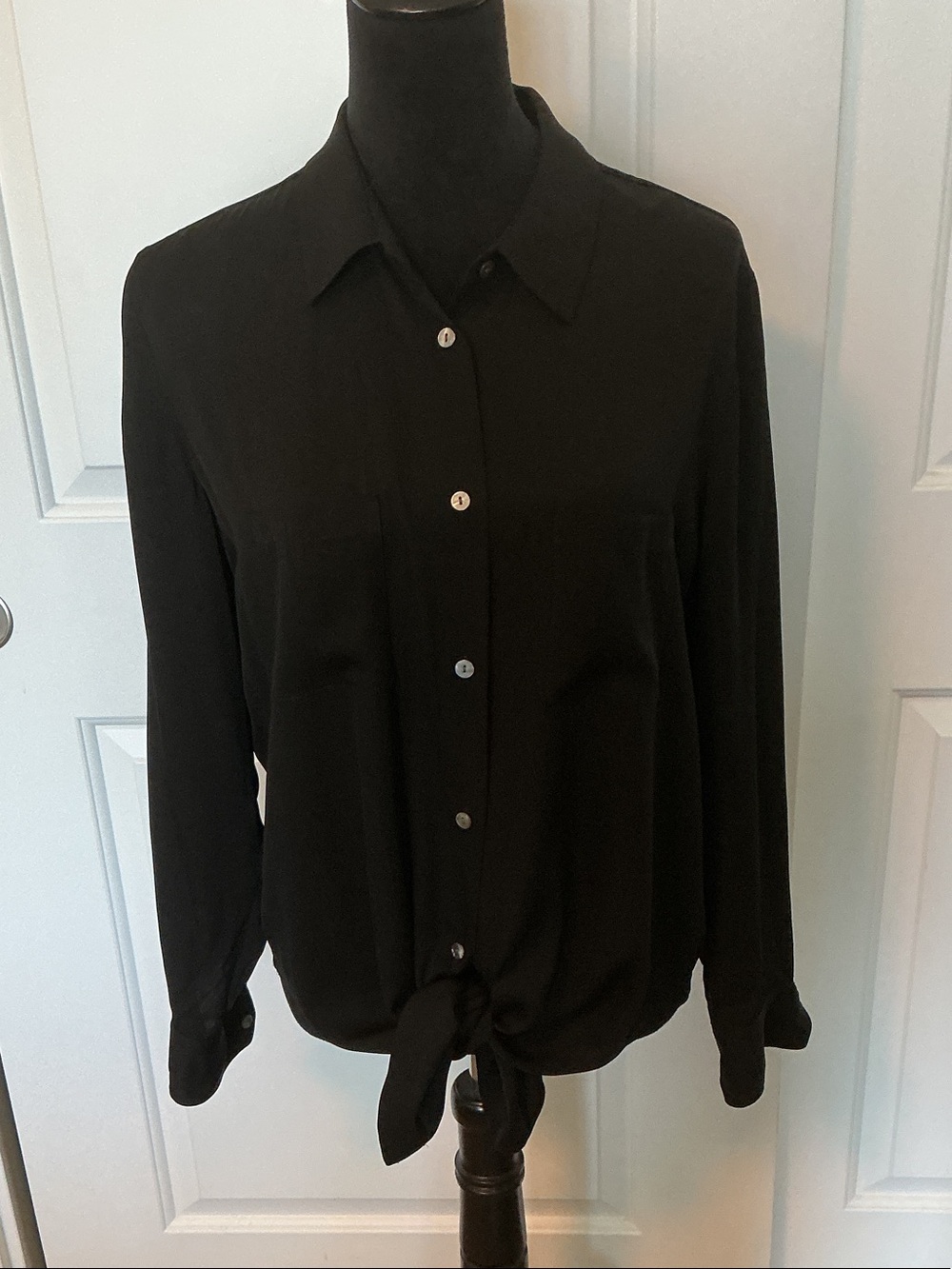 Theory Black Silk Tie-Front Button-Down Shirt L